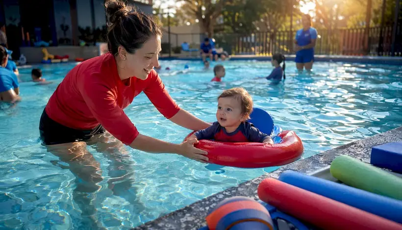 Mother supporting toddler during swim lesson