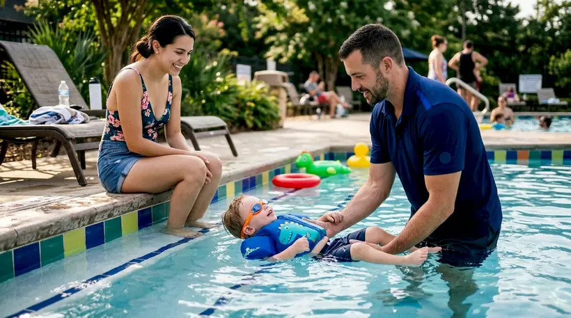 Mother watching toddler swim lesson attentively