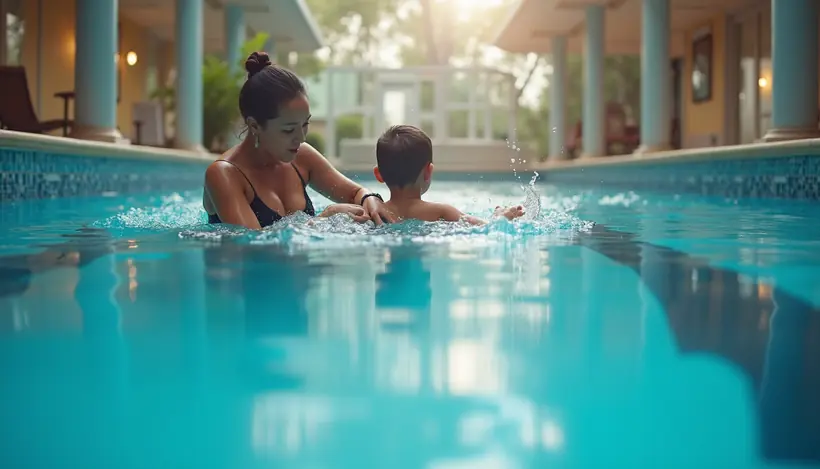 Eye-level view of a swimming pool with a swim instructor guiding a child