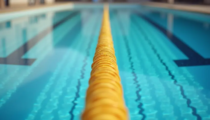Close-up view of a swimming pool lane with floating lane dividers