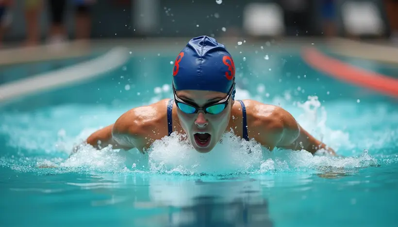 Close-up view of a swim instructor demonstrating a stroke technique in a pool