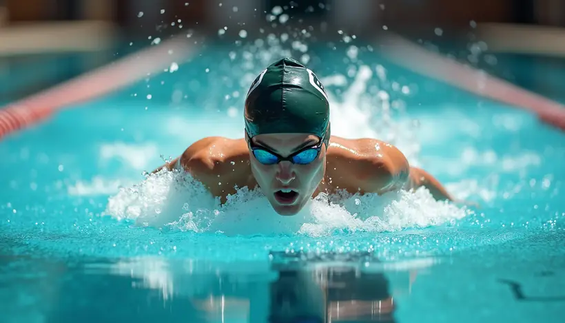 Close-up view of a swimmer practicing freestyle stroke in a clear pool