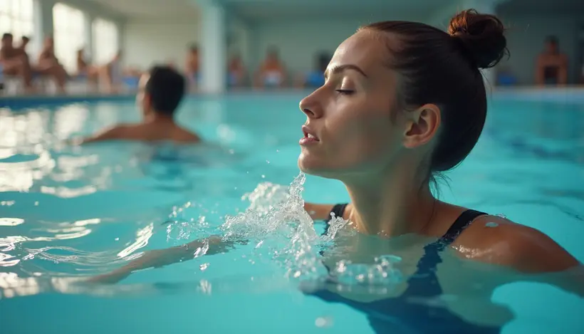 Close-up view of swim instructor demonstrating breathing technique