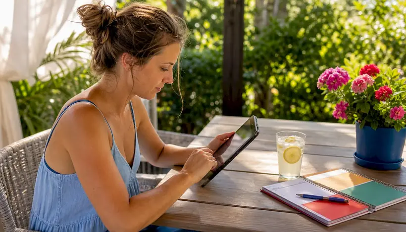 Mother scheduling swim lessons on tablet