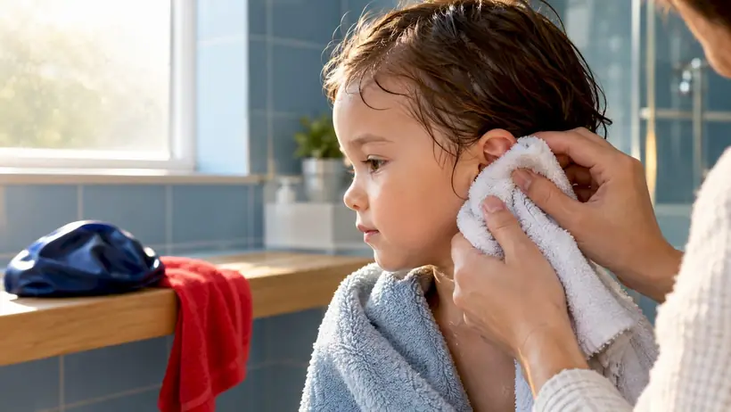 Caregiver drying toddler’s ear after swimming