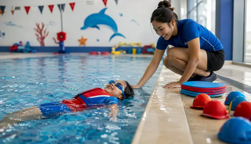Instructor teaching child in home pool