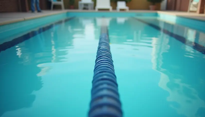 Eye-level view of a swimming pool with clear blue water and lane markers
