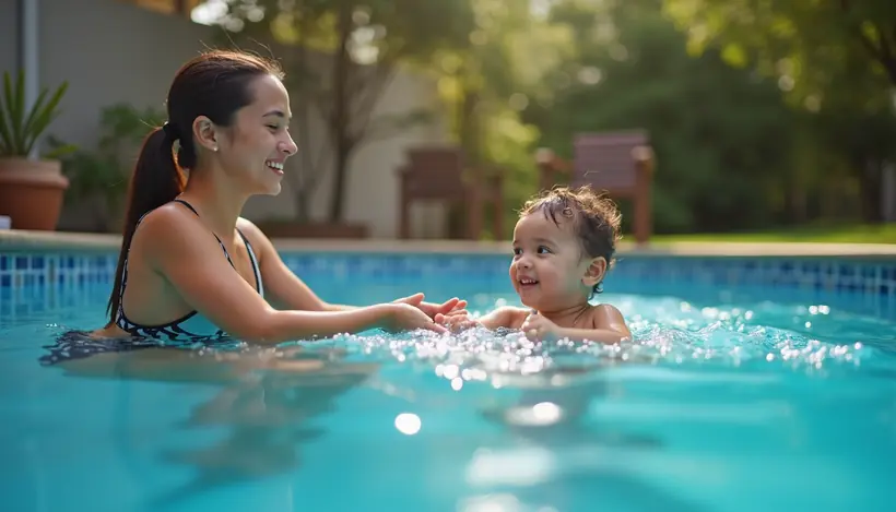 Close-up view of a swim instructor teaching a child in a backyard pool