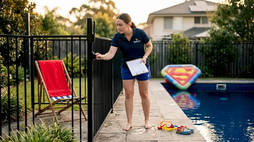 Swim instructor inspects backyard pool for safety