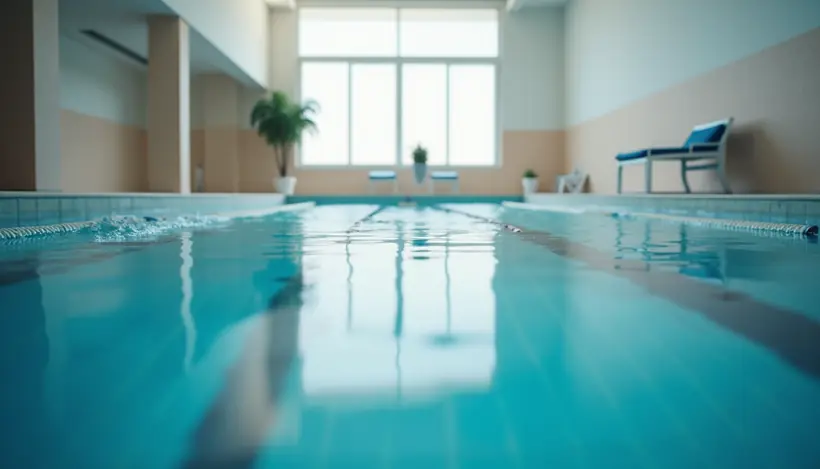 Eye-level view of indoor swimming pool with clear water and lane dividers