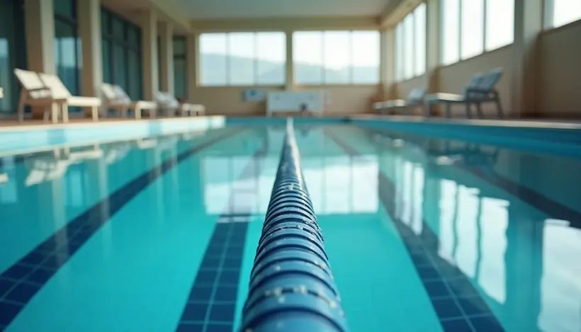 Eye-level view of indoor swimming pool with lane markers