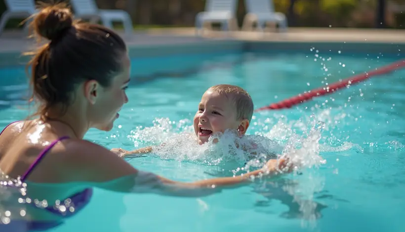 Close-up view of a swim instructor demonstrating a stroke to a child in a pool