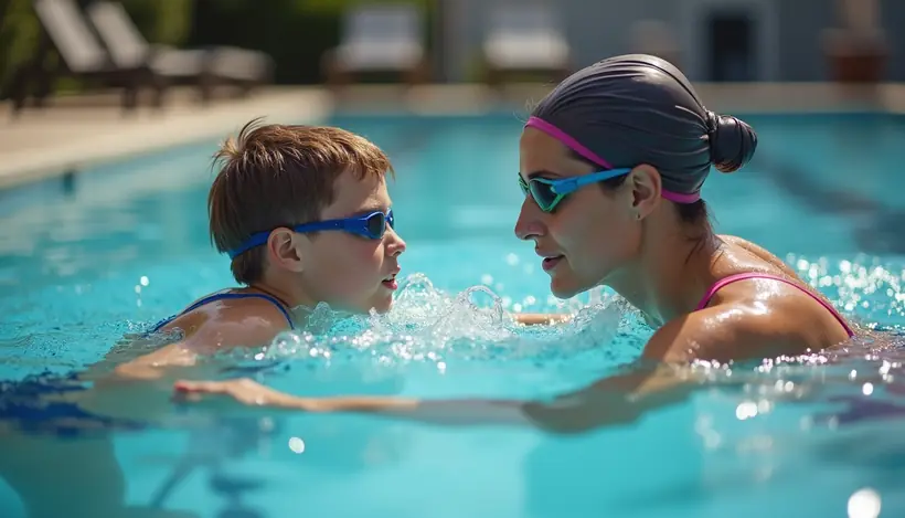 Close-up view of a swim instructor demonstrating a stroke technique to a young swimmer