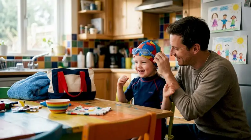 Parent helping child put on swim gear indoors