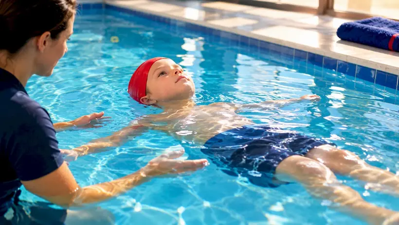 Child practicing a calm survival back float