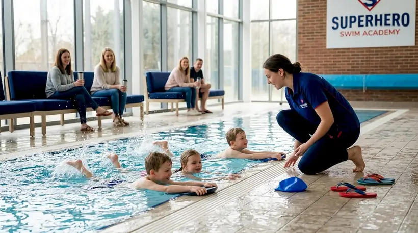 Children in indoor pool taking swim lessons with instructor