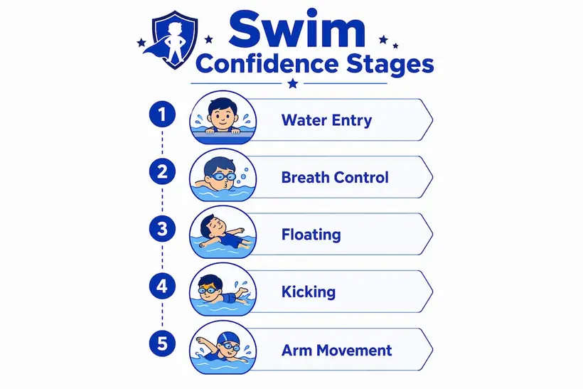 Infographic illustrating swim confidence development stages