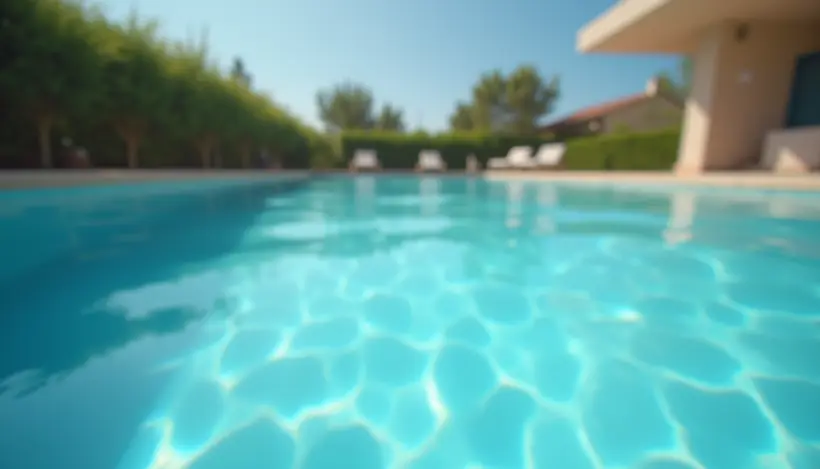 Eye-level view of an outdoor swimming pool with clear blue water