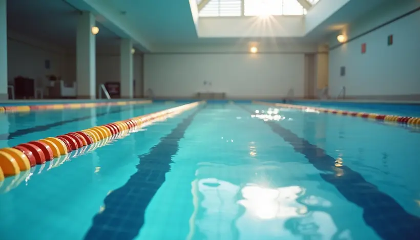 Eye-level view of indoor swimming pool with lane markers