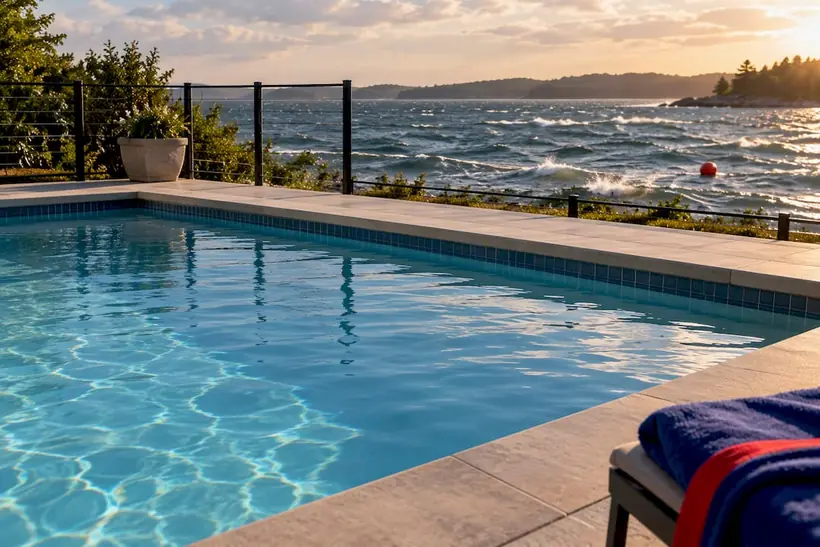 Calm pool beside wind-ruffled open water