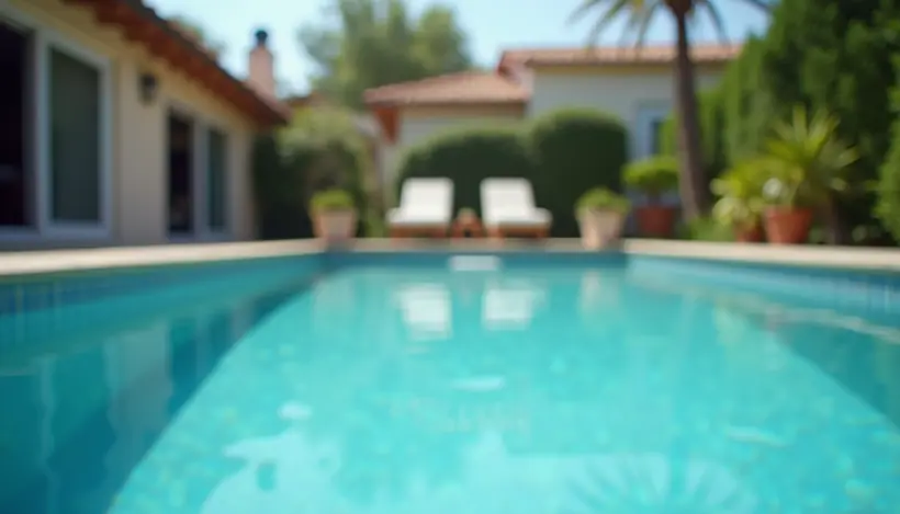 Eye-level view of a private backyard pool with clear blue water