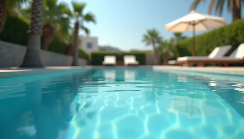 Eye-level view of a private swimming pool with clear water