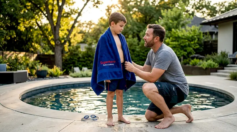Child doing swim tryout simulation at home
