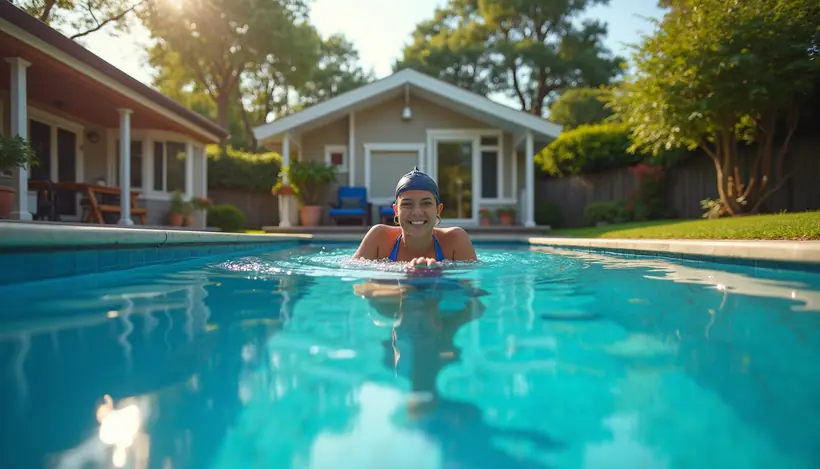 Eye-level view of a backyard pool with a swim instructor preparing for a lesson