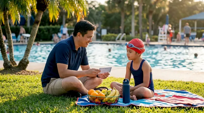 Parent and child discussing swim lesson goals poolside