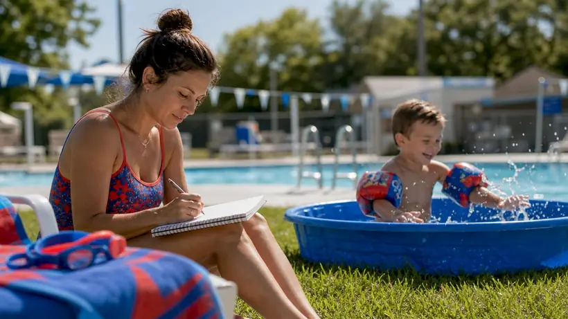 Mom writing swim goals poolside with child