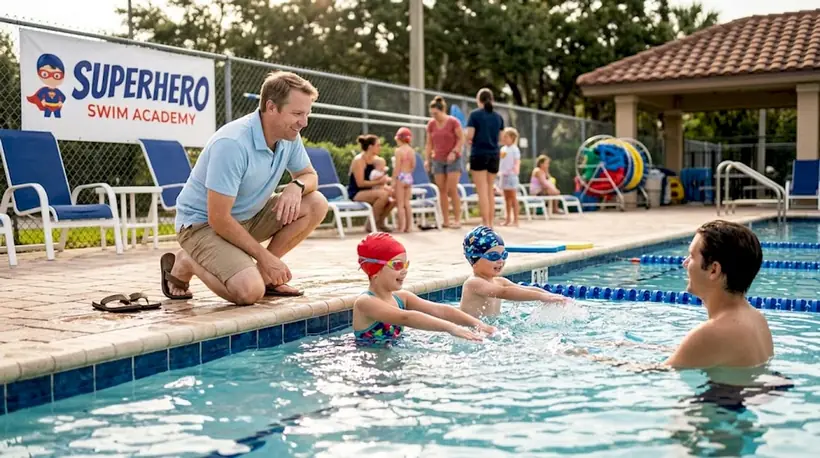 Family watching swim lesson by poolside