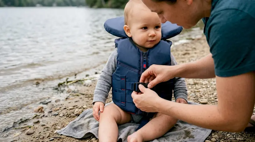 Caregiver fastening infant life jacket lakeside