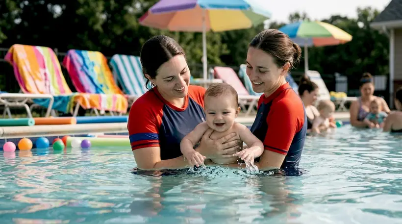 Instructor supporting infant in swim class pool