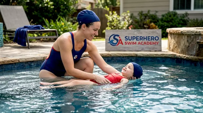 Swim instructor guiding young child in home pool