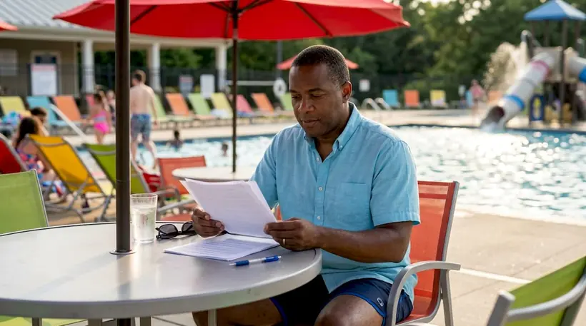 Father reviewing pool access and HOA rules by pool