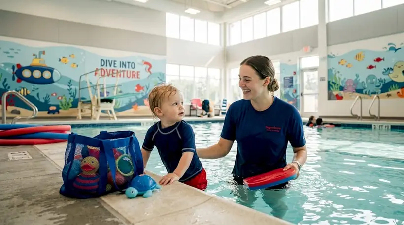 Toddler learning to swim with instructor present