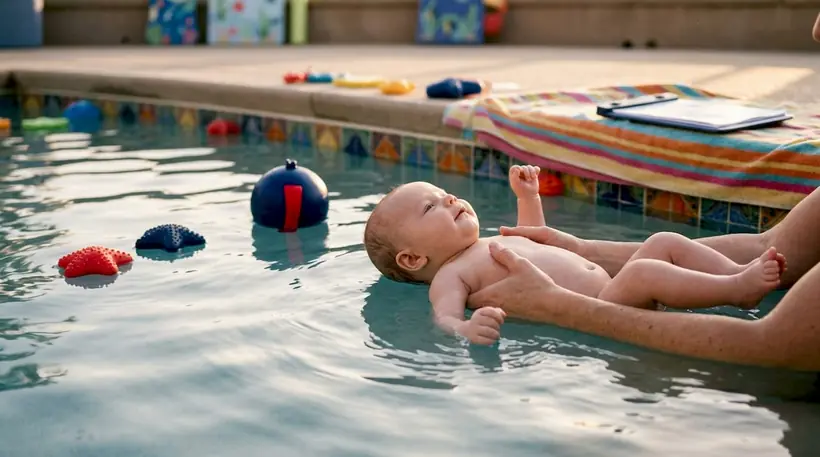 Close-up of adult hands supporting infant in pool