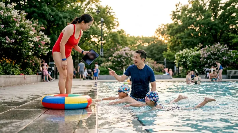 Family swim training at poolside