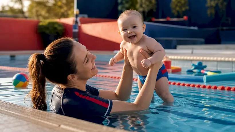 Swim instructor holding infant in warm training pool