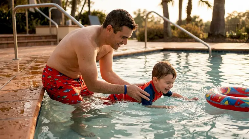 Father supporting young child in swim lesson