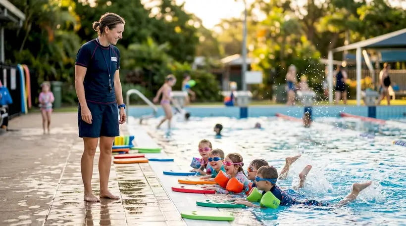 Swim instructor overseeing group swim lesson