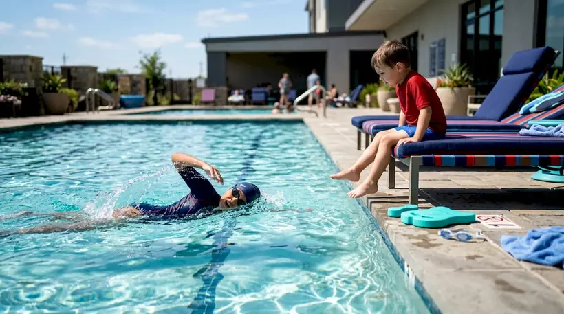 One sibling swimming as other watches at poolside