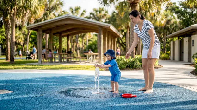 Toddler playing at shaded splash park