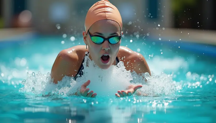 Close-up view of a swim instructor demonstrating a stroke technique in a pool