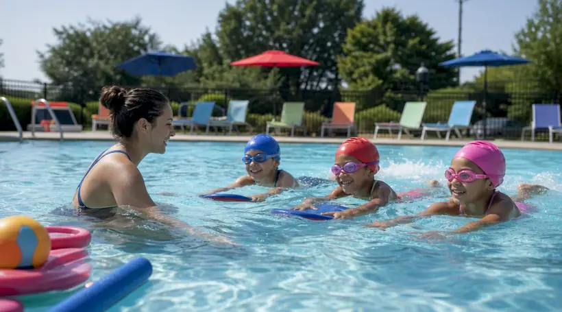 Children learning swimming in a group class