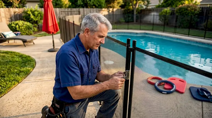 Handyman checking pool fence safety latch