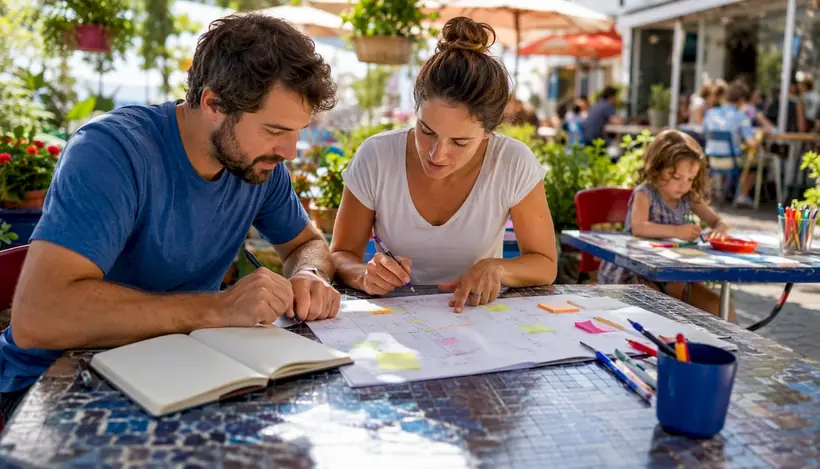 Parents planning swim lesson schedule at home