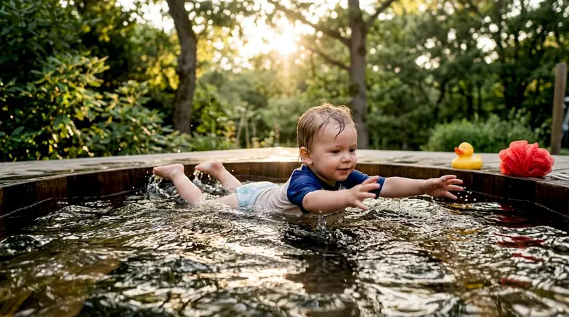 Toddler practicing flutter kicks in bathtub