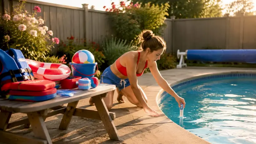 Mother setting up backyard pool for swim lesson