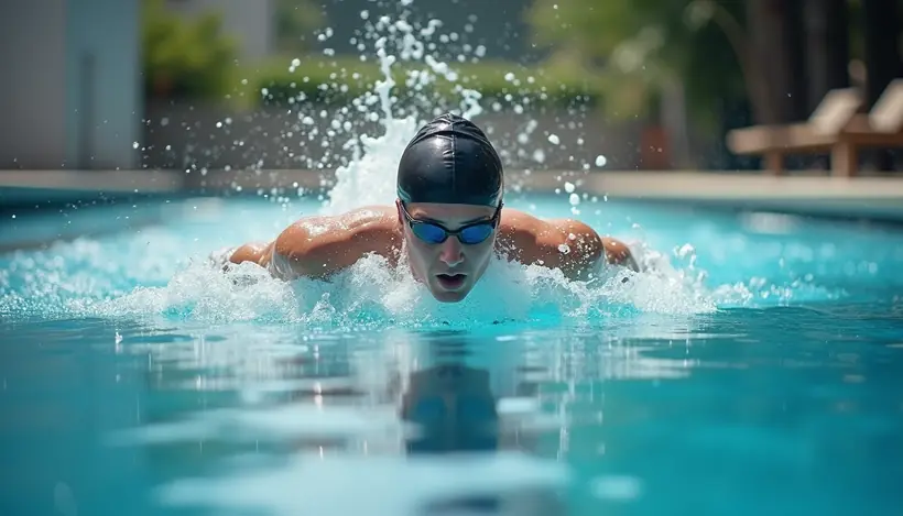 Close-up view of a swimming instructor demonstrating a stroke in a pool